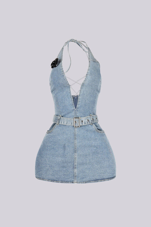 Calm Blue Denim Halter Mini Dress